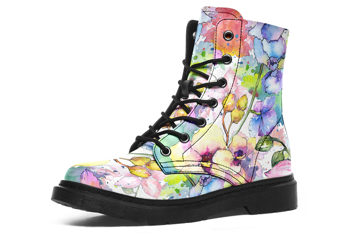 White coloured boots with a lovely pattern of different coloured flowers in the style of a watercolour painting