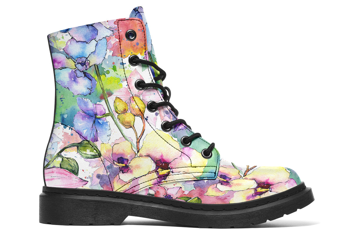 White coloured boots with a lovely pattern of different coloured flowers in the style of a watercolour painting