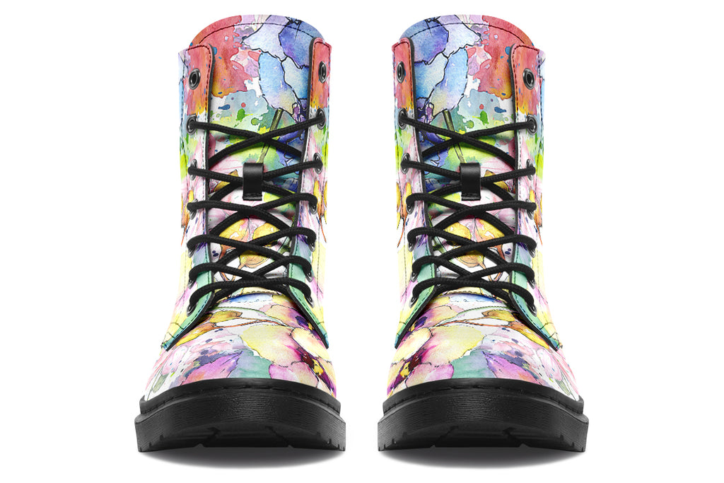 White coloured boots with a lovely pattern of different coloured flowers in the style of a watercolour painting