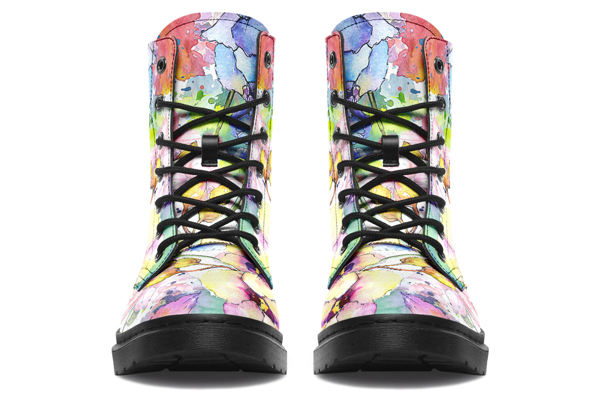 White coloured boots with a lovely pattern of different coloured flowers in the style of a watercolour painting