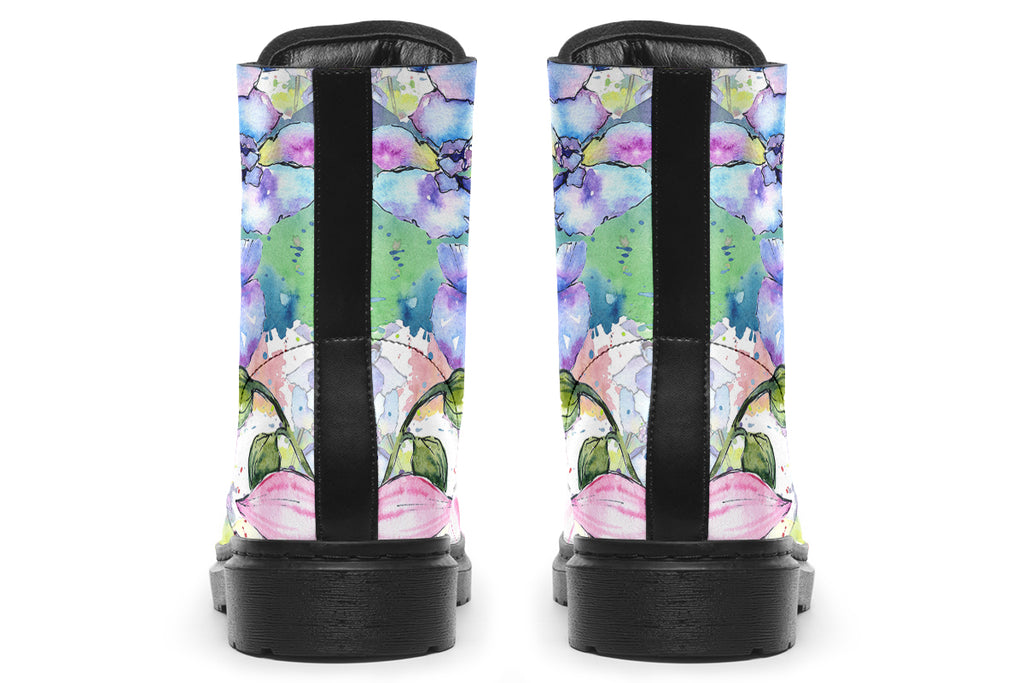 White coloured boots with a lovely pattern of different coloured flowers in the style of a watercolour painting