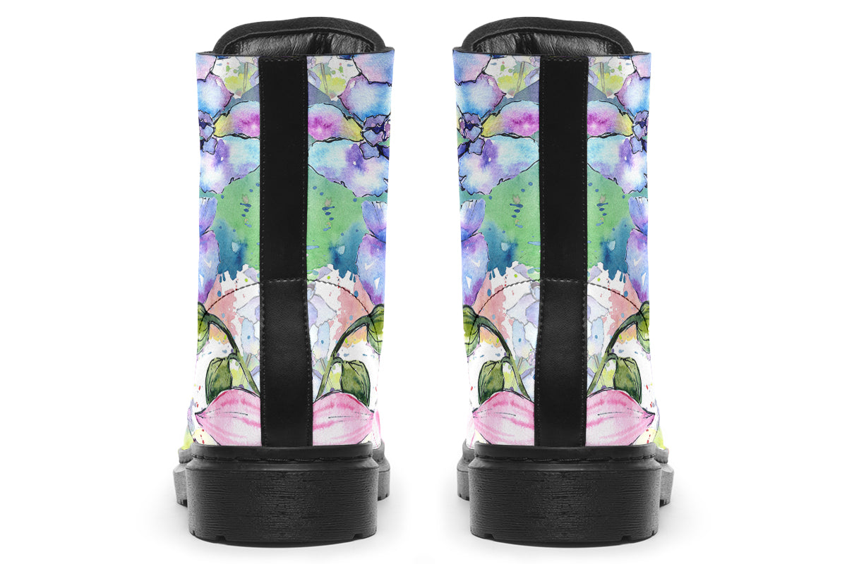 White coloured boots with a lovely pattern of different coloured flowers in the style of a watercolour painting
