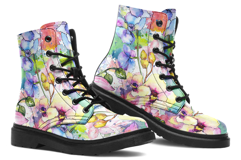 White coloured boots with a lovely pattern of different coloured flowers in the style of a watercolour painting