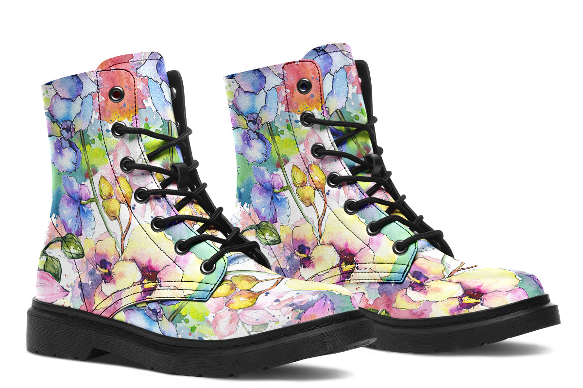 White coloured boots with a lovely pattern of different coloured flowers in the style of a watercolour painting