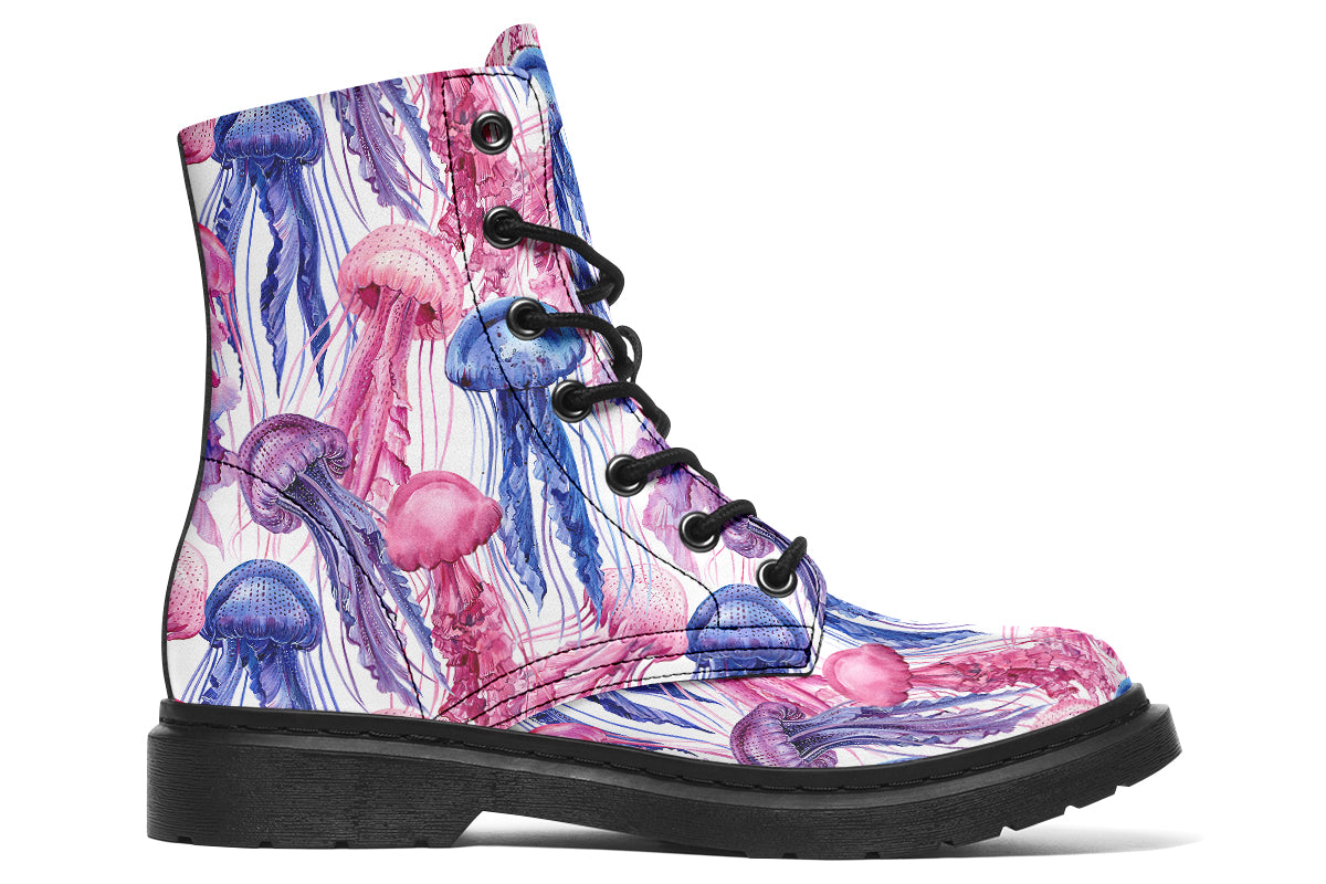 Design features pink, blue and purple watercolour-style jellyfish on a white background