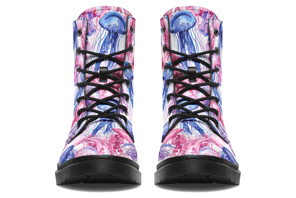 Design features pink, blue and purple watercolour-style jellyfish on a white background