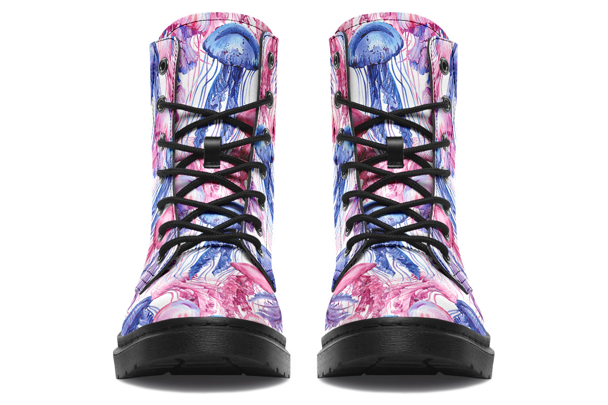 Design features pink, blue and purple watercolour-style jellyfish on a white background