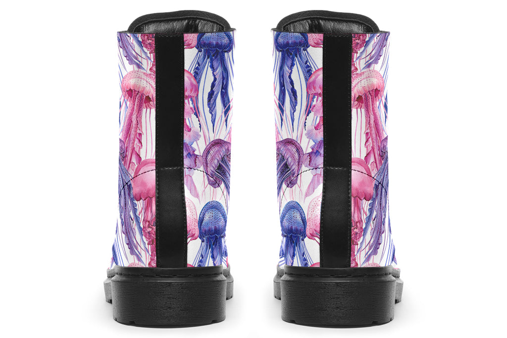 Design features pink, blue and purple watercolour-style jellyfish on a white background