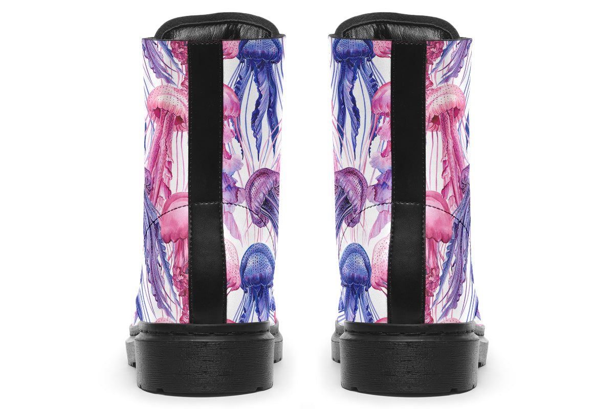 Design features pink, blue and purple watercolour-style jellyfish on a white background