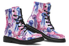 Design features pink, blue and purple watercolour-style jellyfish on a white background