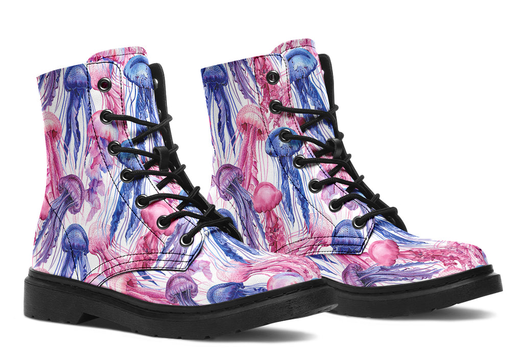 Design features pink, blue and purple watercolour-style jellyfish on a white background