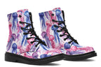 Design features pink, blue and purple watercolour-style jellyfish on a white background