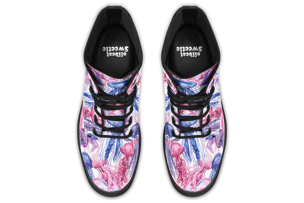 Design features pink, blue and purple watercolour-style jellyfish on a white background