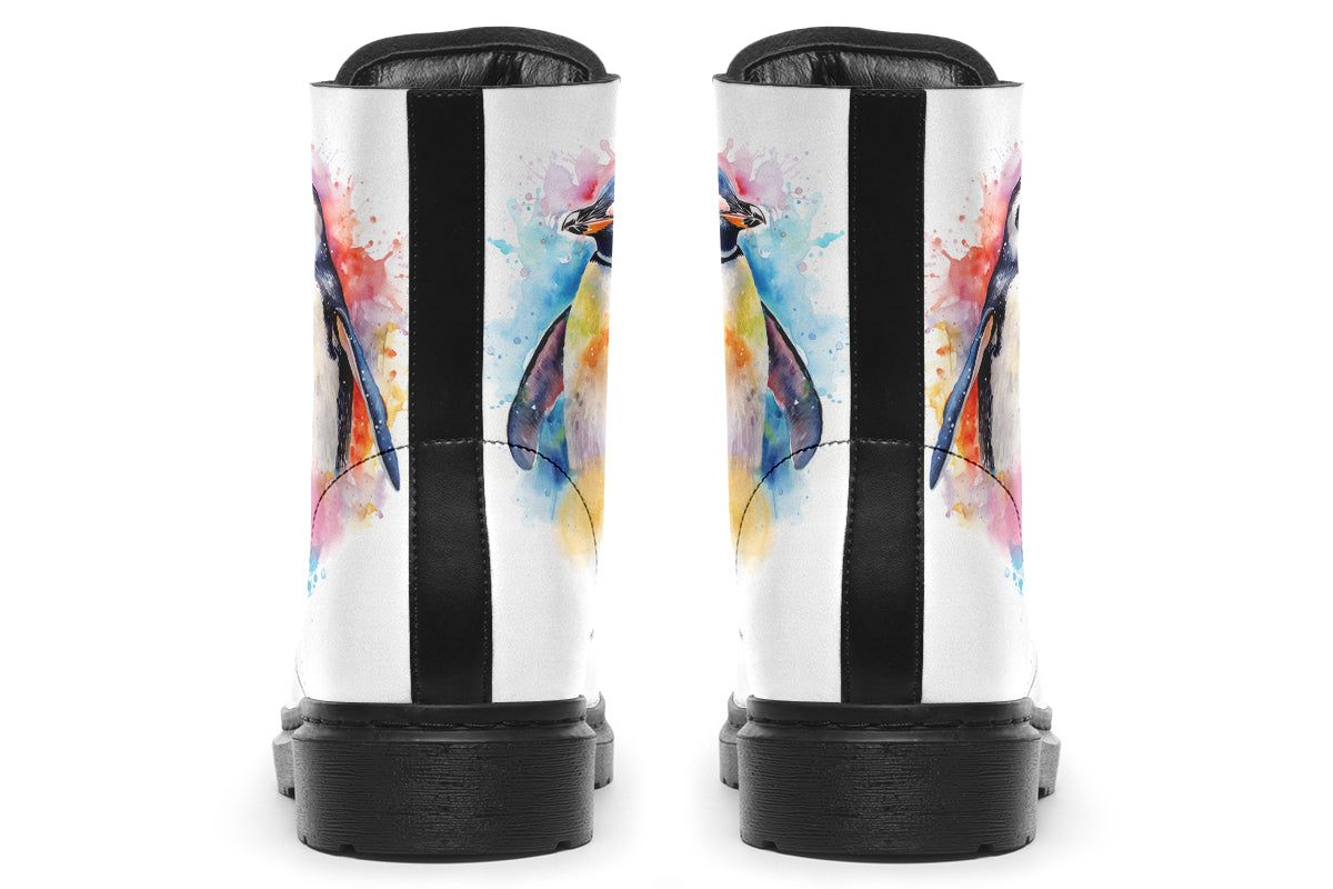 White boots with an image of a penguin on the sides, in the style of a watercolour painting with various colours splashed behind the penguin and on the toes and tongue of the boots