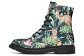 Boots featuring a pattern of Australian wildlife such as quokkas and kangaroos against a green leafy background