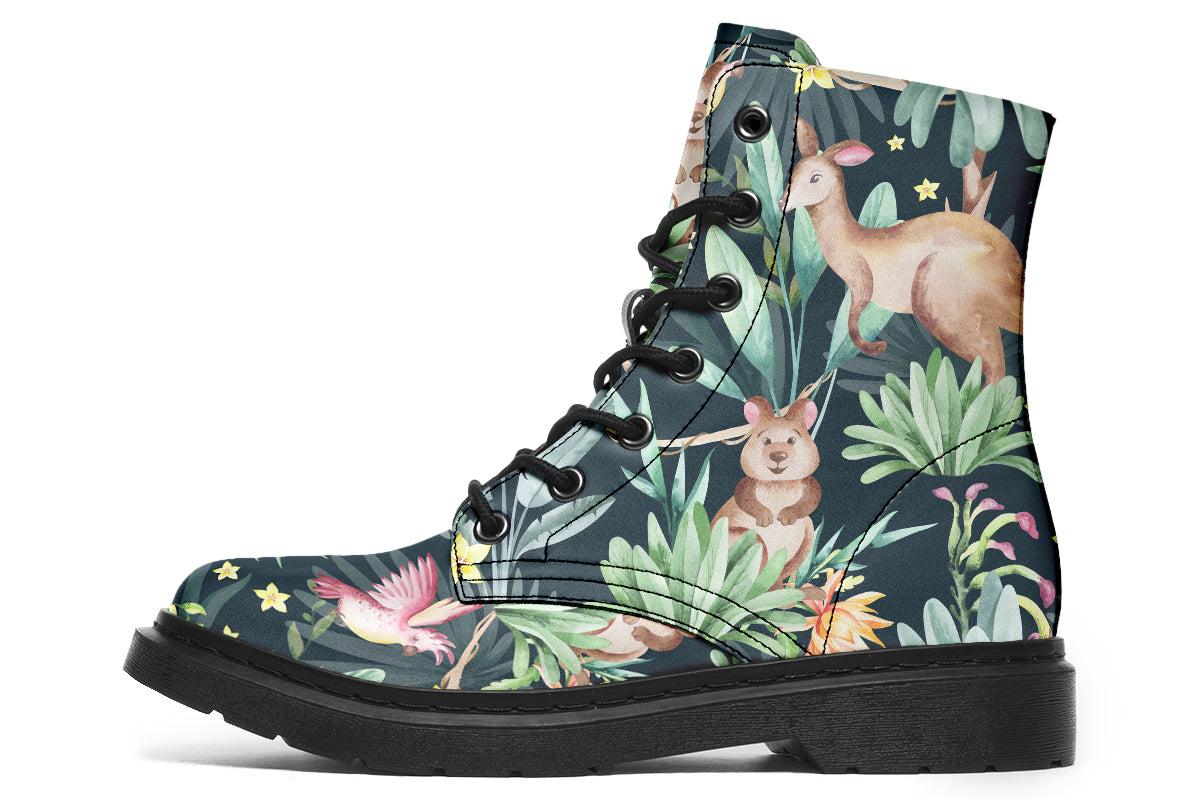 Boots featuring a pattern of Australian wildlife such as quokkas and kangaroos against a green leafy background