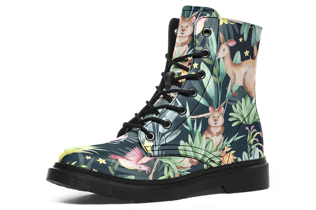Boots featuring a pattern of Australian wildlife such as quokkas and kangaroos against a green leafy background