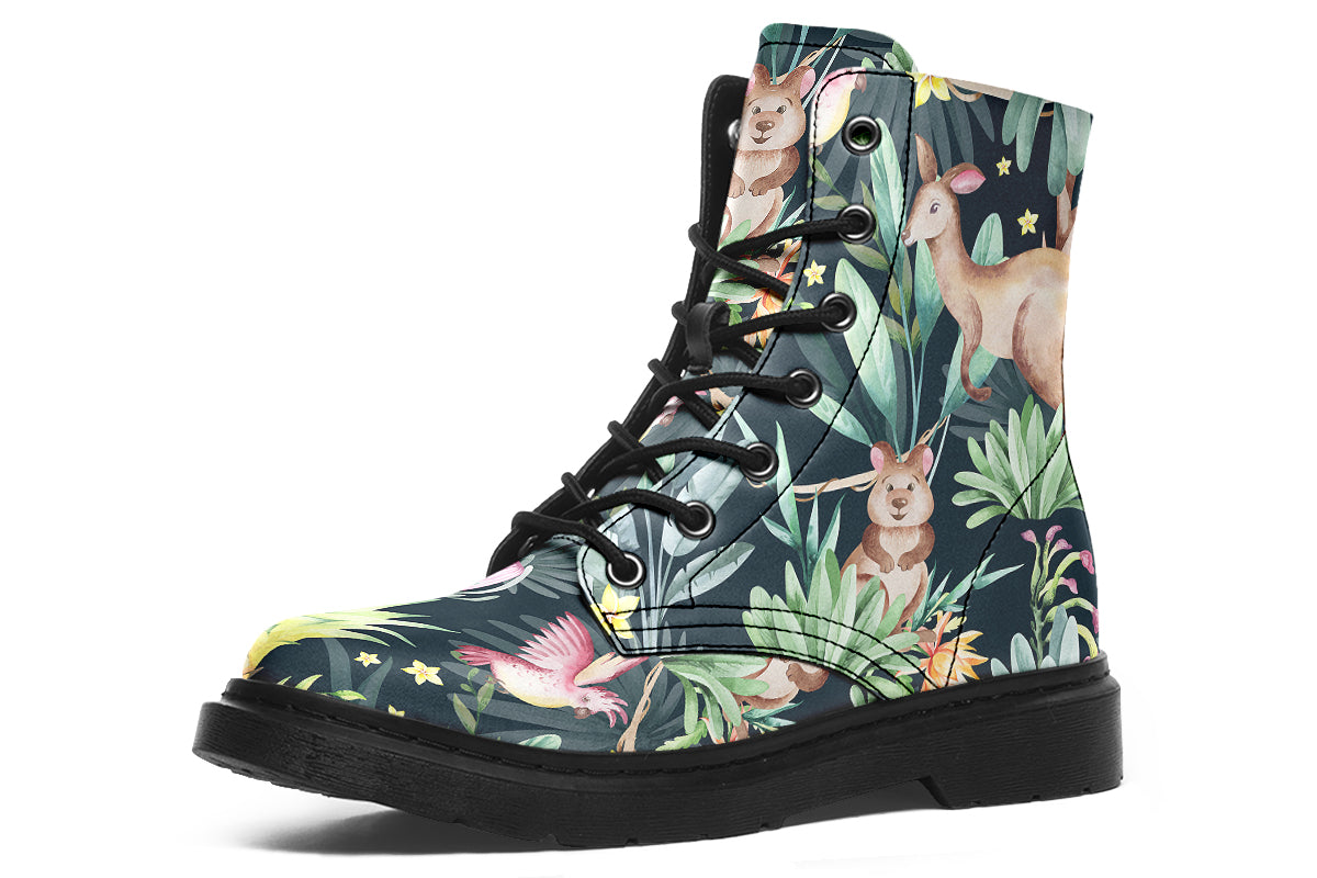 Boots featuring a pattern of Australian wildlife such as quokkas and kangaroos against a green leafy background