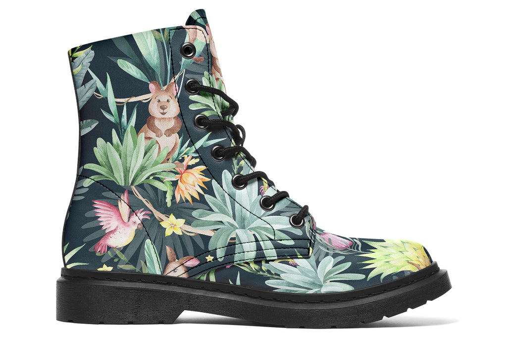 Boots featuring a pattern of Australian wildlife such as quokkas and kangaroos against a green leafy background