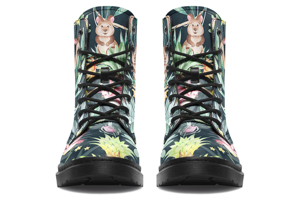 Boots featuring a pattern of Australian wildlife such as quokkas and kangaroos against a green leafy background