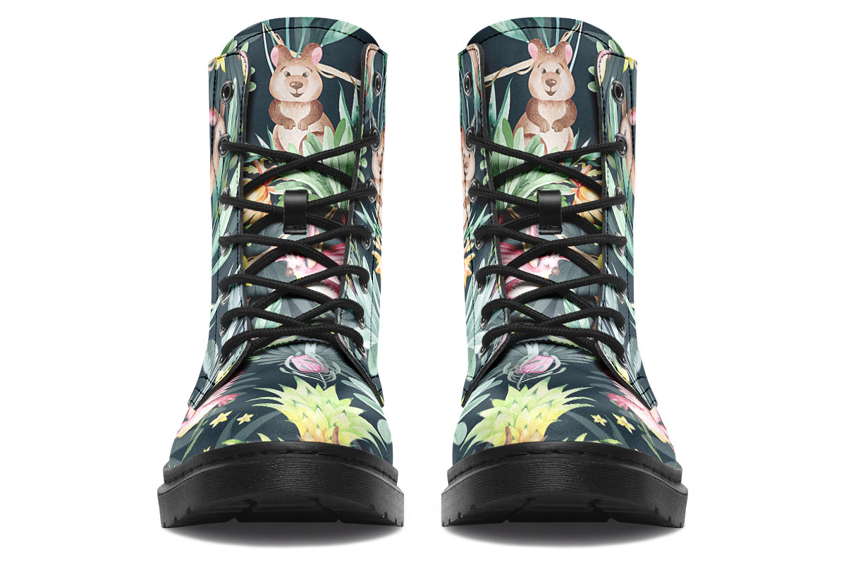 Boots featuring a pattern of Australian wildlife such as quokkas and kangaroos against a green leafy background