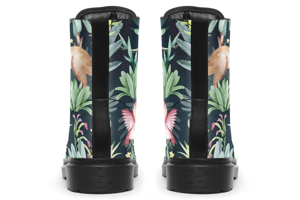 Boots featuring a pattern of Australian wildlife such as quokkas and kangaroos against a green leafy background