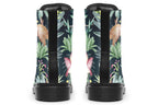 Boots featuring a pattern of Australian wildlife such as quokkas and kangaroos against a green leafy background