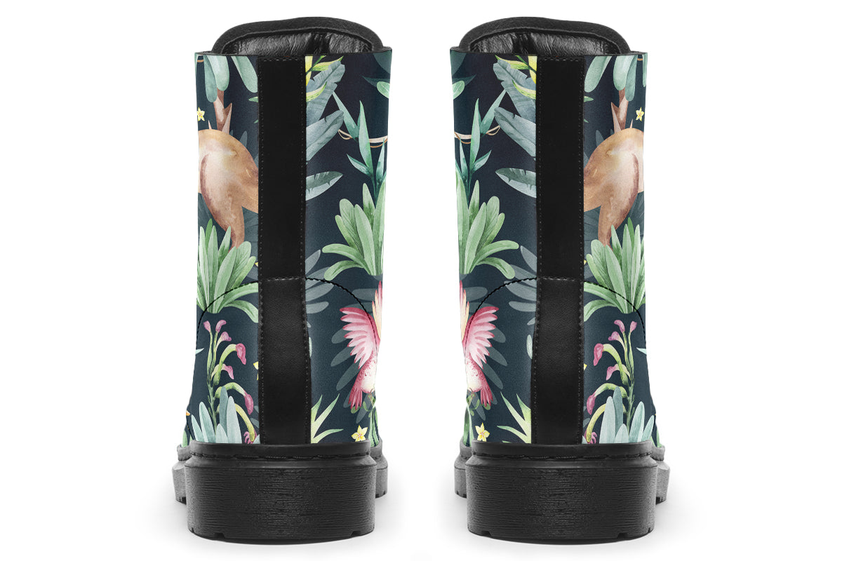 Boots featuring a pattern of Australian wildlife such as quokkas and kangaroos against a green leafy background