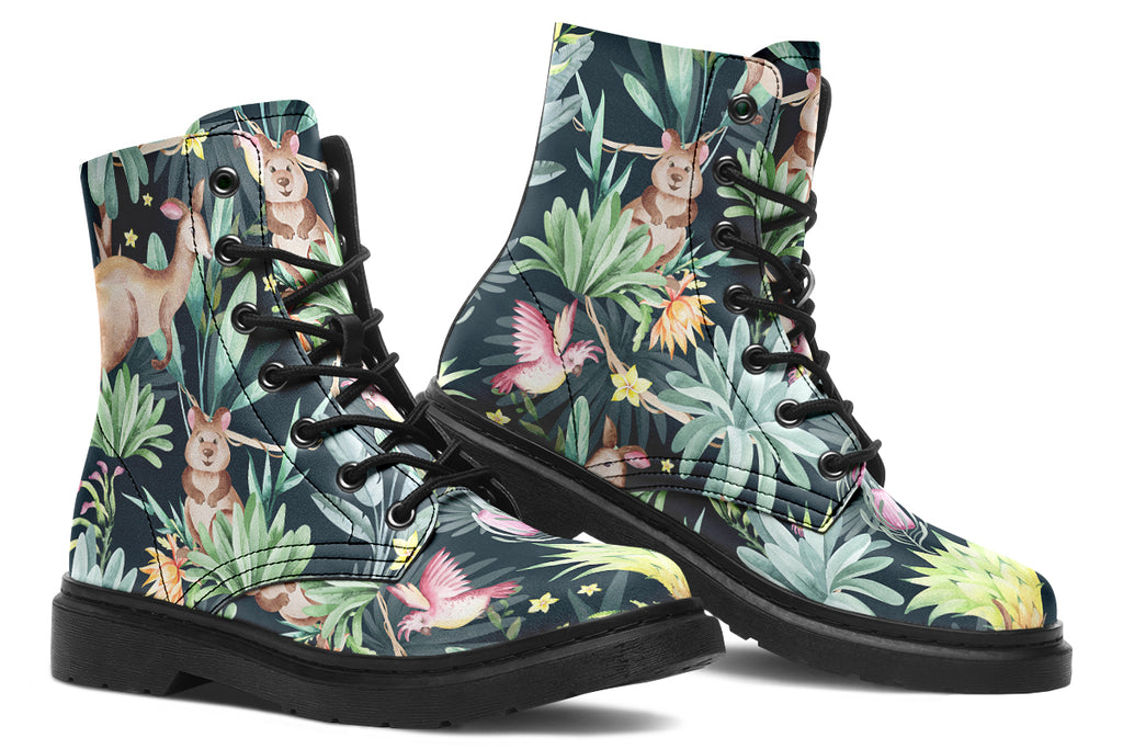 Boots featuring a pattern of Australian wildlife such as quokkas and kangaroos against a green leafy background