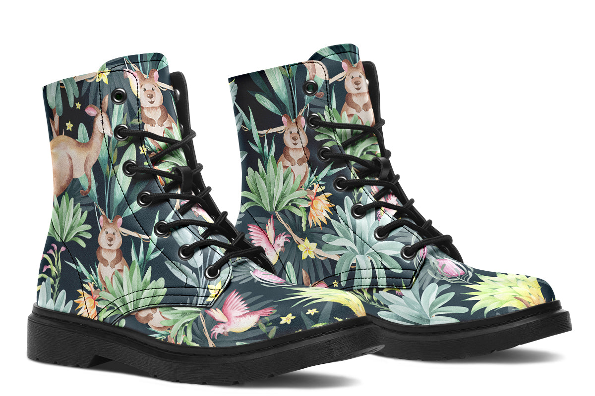 Boots featuring a pattern of Australian wildlife such as quokkas and kangaroos against a green leafy background