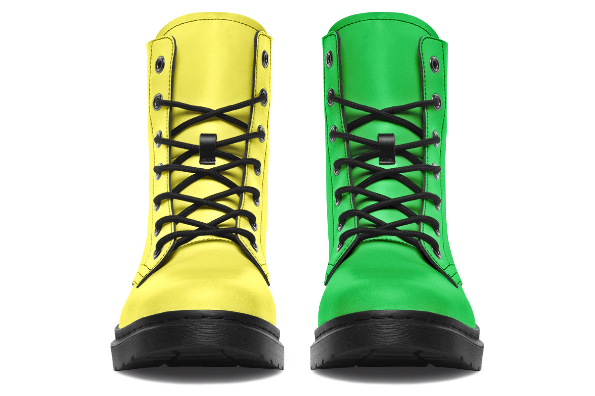 Mismatched boots, one all yellow and one all green