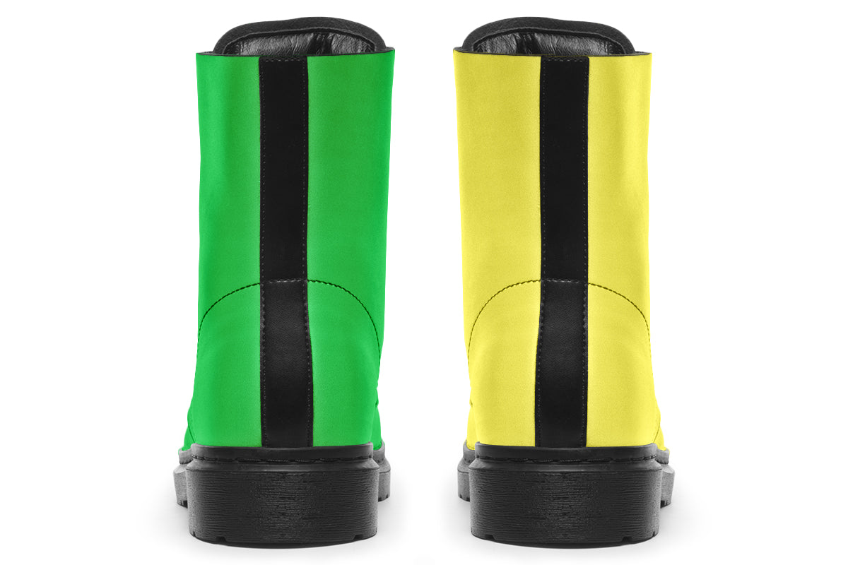 Mismatched boots, one all yellow and one all green