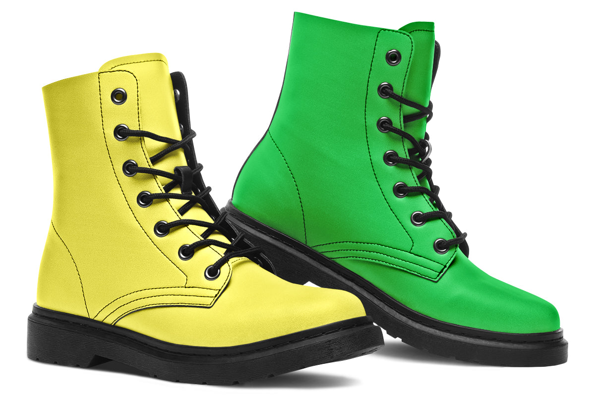 Mismatched boots, one all yellow and one all green