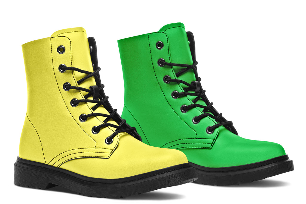 Mismatched boots, one all yellow and one all green