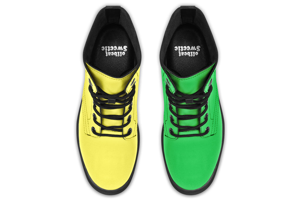 Mismatched boots, one all yellow and one all green
