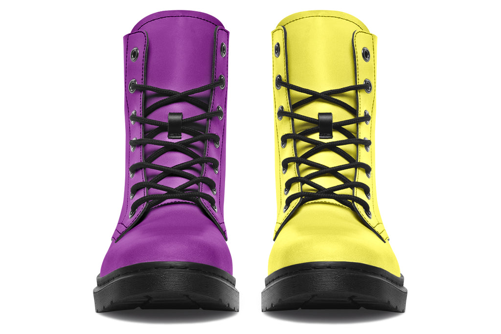 Mismatched boots, one all yellow and one all purple