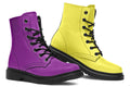 Mismatched boots, one all yellow and one all purple