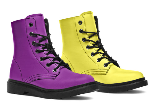 Mismatched boots, one all yellow and one all purple