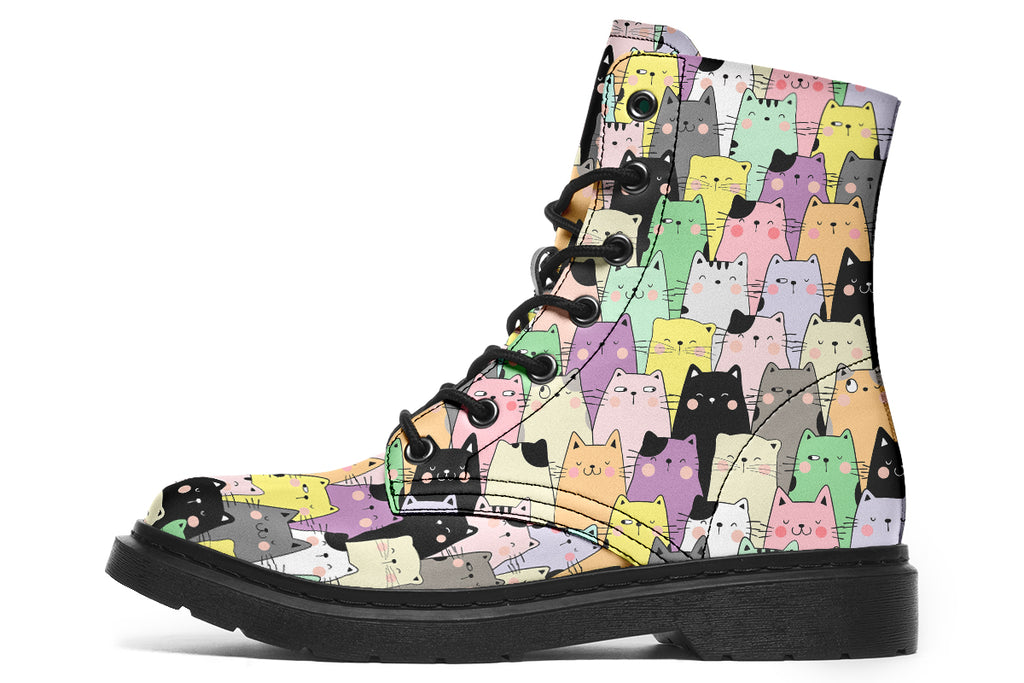 Boots featuring a pattern of various coloured kittens in kawaii style