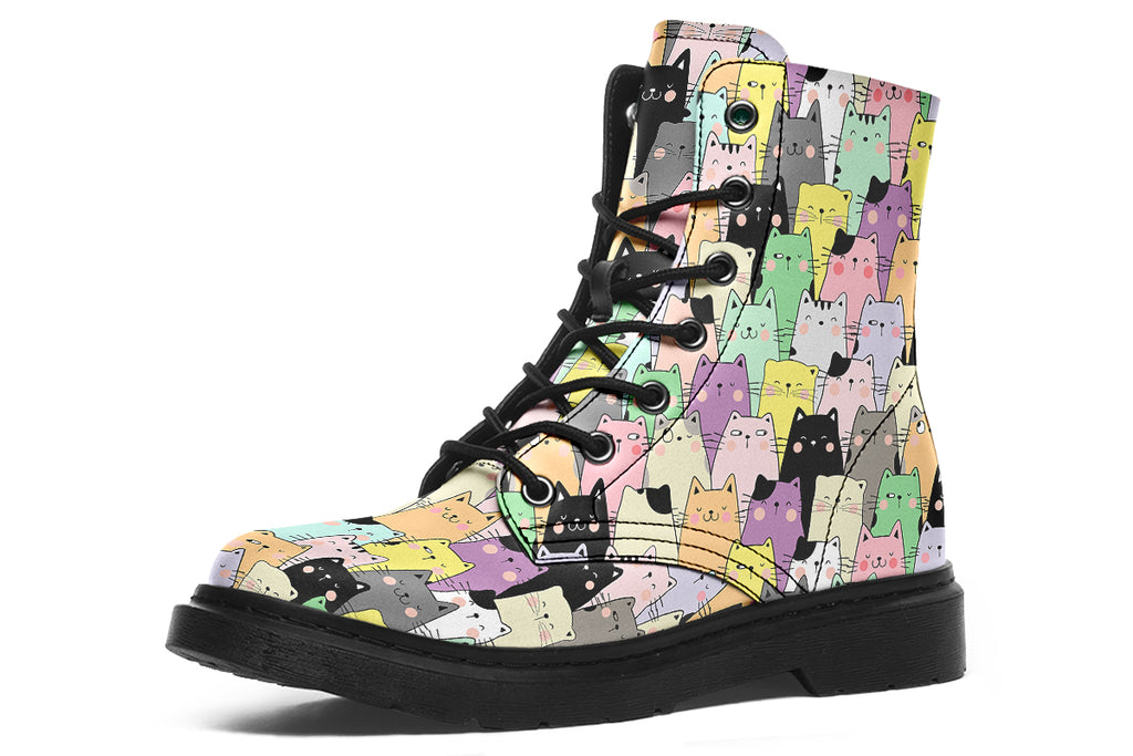 Boots featuring a pattern of various coloured kittens in kawaii style