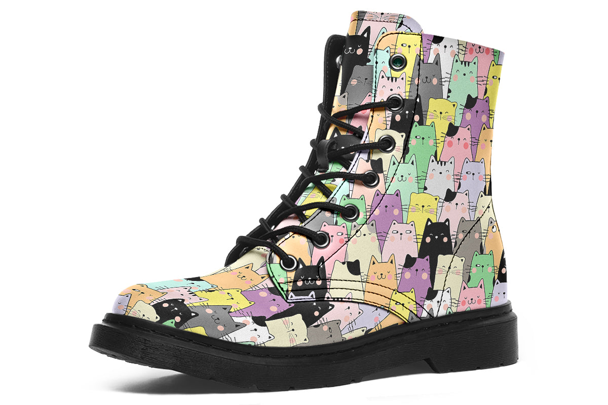Boots featuring a pattern of various coloured kittens in kawaii style
