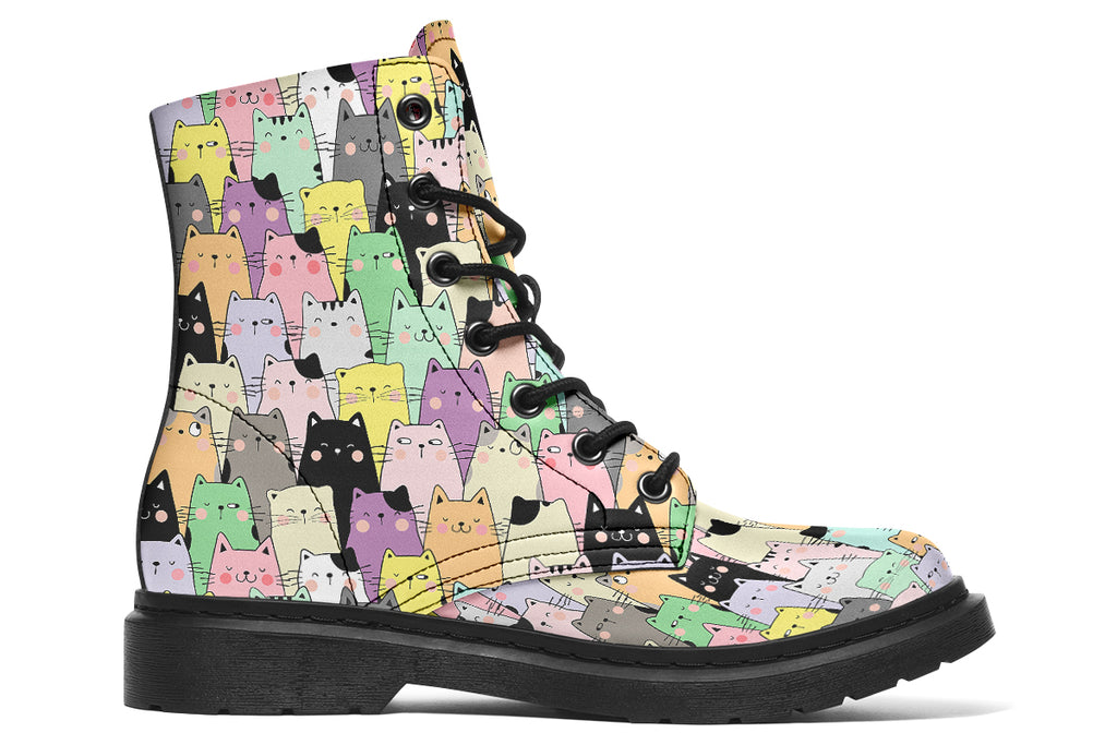 Boots featuring a pattern of various coloured kittens in kawaii style