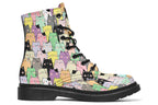 Boots featuring a pattern of various coloured kittens in kawaii style