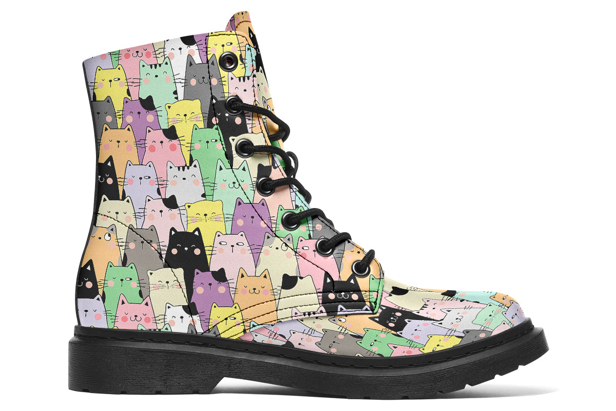 Boots featuring a pattern of various coloured kittens in kawaii style