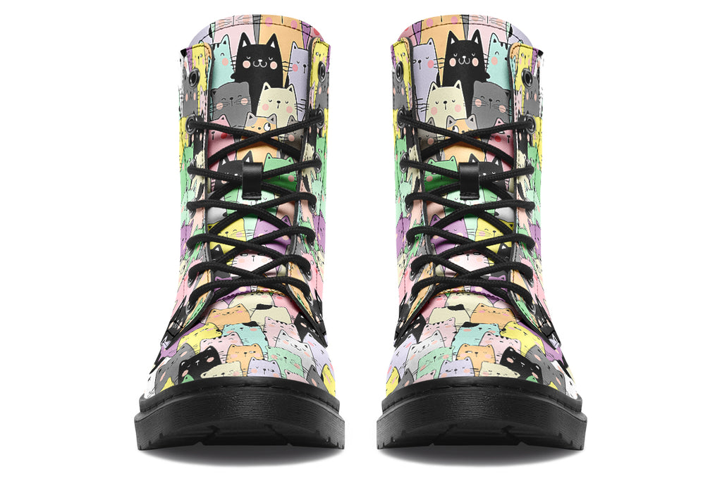 Boots featuring a pattern of various coloured kittens in kawaii style
