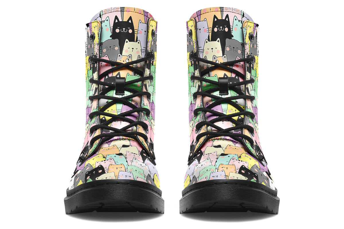 Boots featuring a pattern of various coloured kittens in kawaii style
