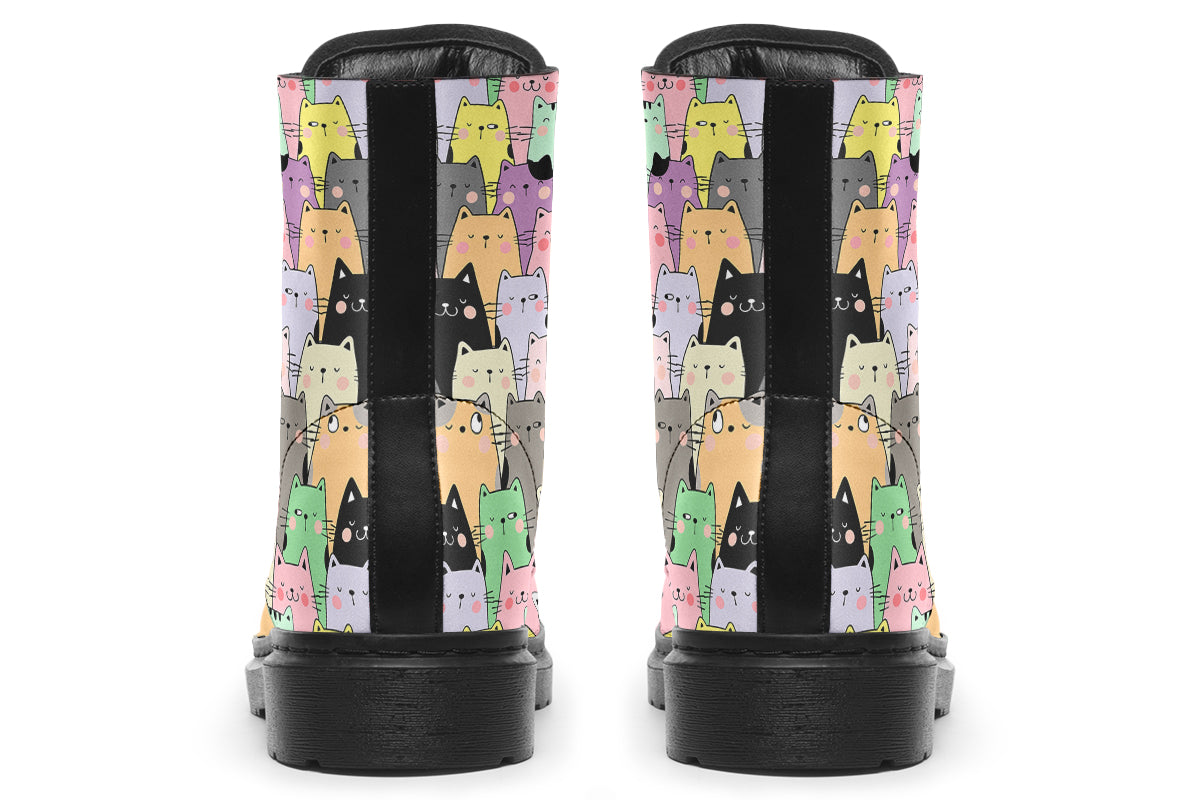 Boots featuring a pattern of various coloured kittens in kawaii style
