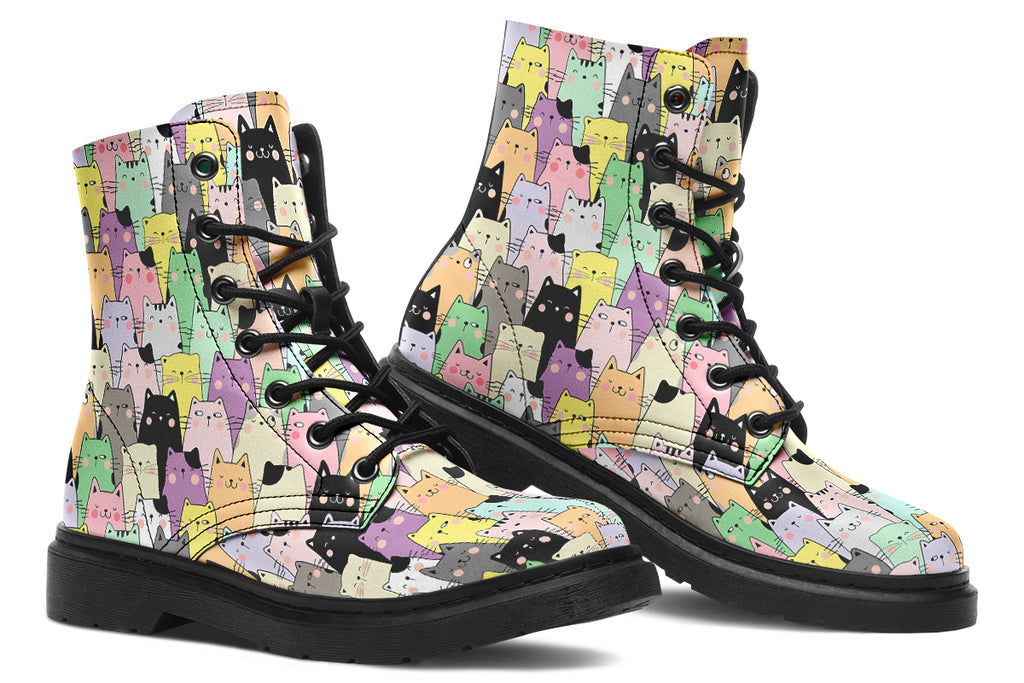 Boots featuring a pattern of various coloured kittens in kawaii style