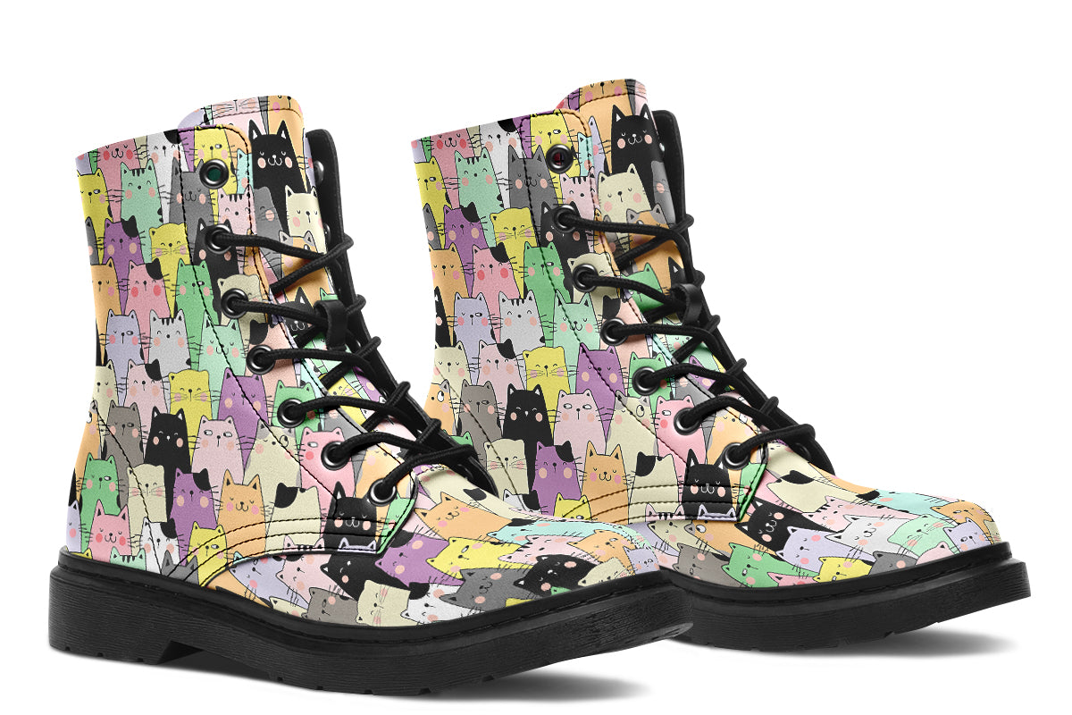 Boots featuring a pattern of various coloured kittens in kawaii style