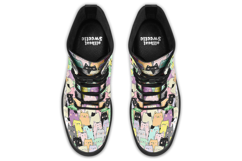 Boots featuring a pattern of various coloured kittens in kawaii style